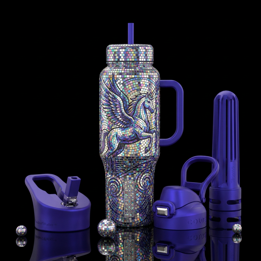 Disco ball mosaic tile in a Pegasus design water bottle design