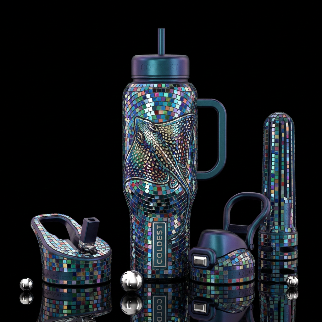 Disco ball mosaic tile in a stingray water bottle design