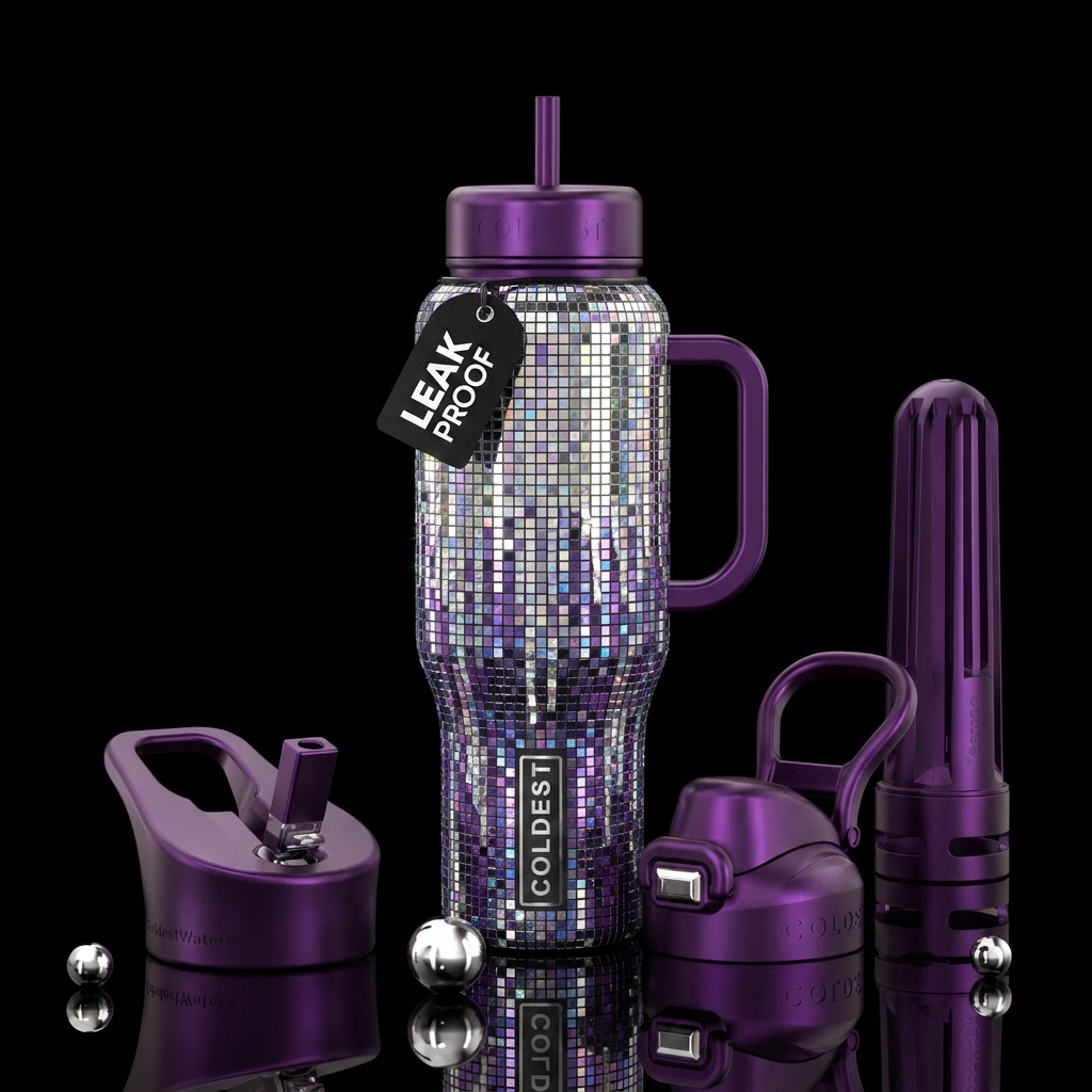 Disco ball mosaic tile in a waterfall water bottle design