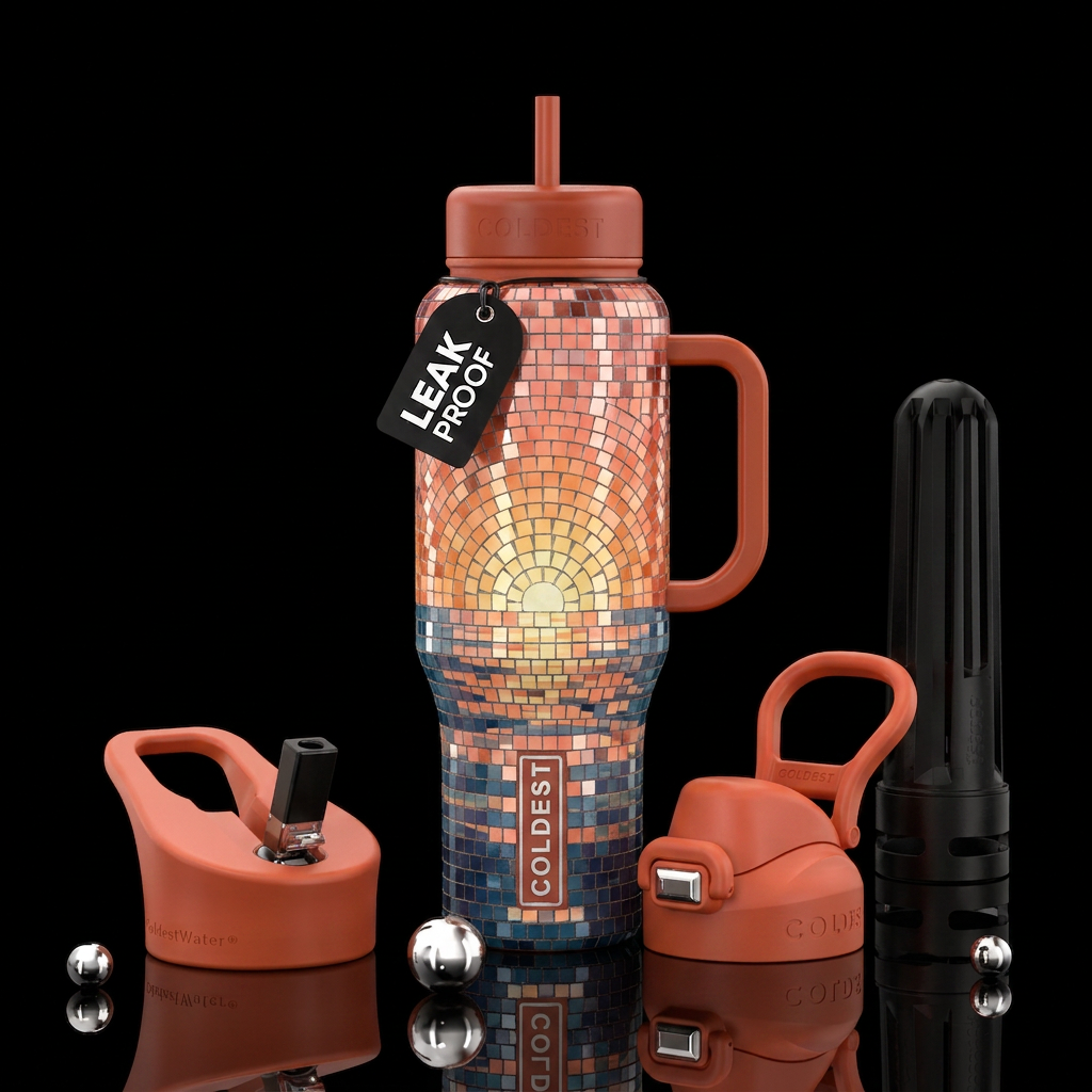 Disco ball mosaic tile of a sunrise water bottle design