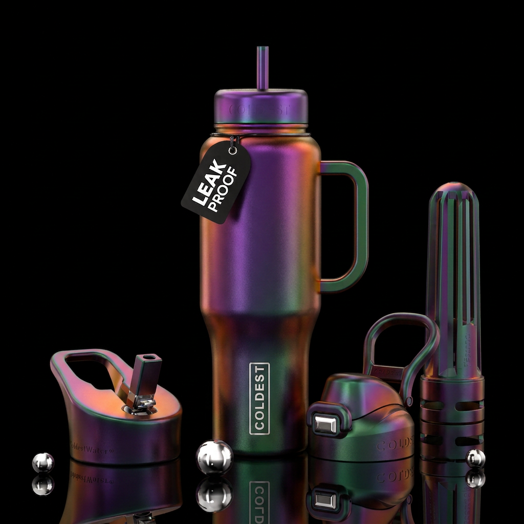 Metalic purple green orange fusion water bottle design