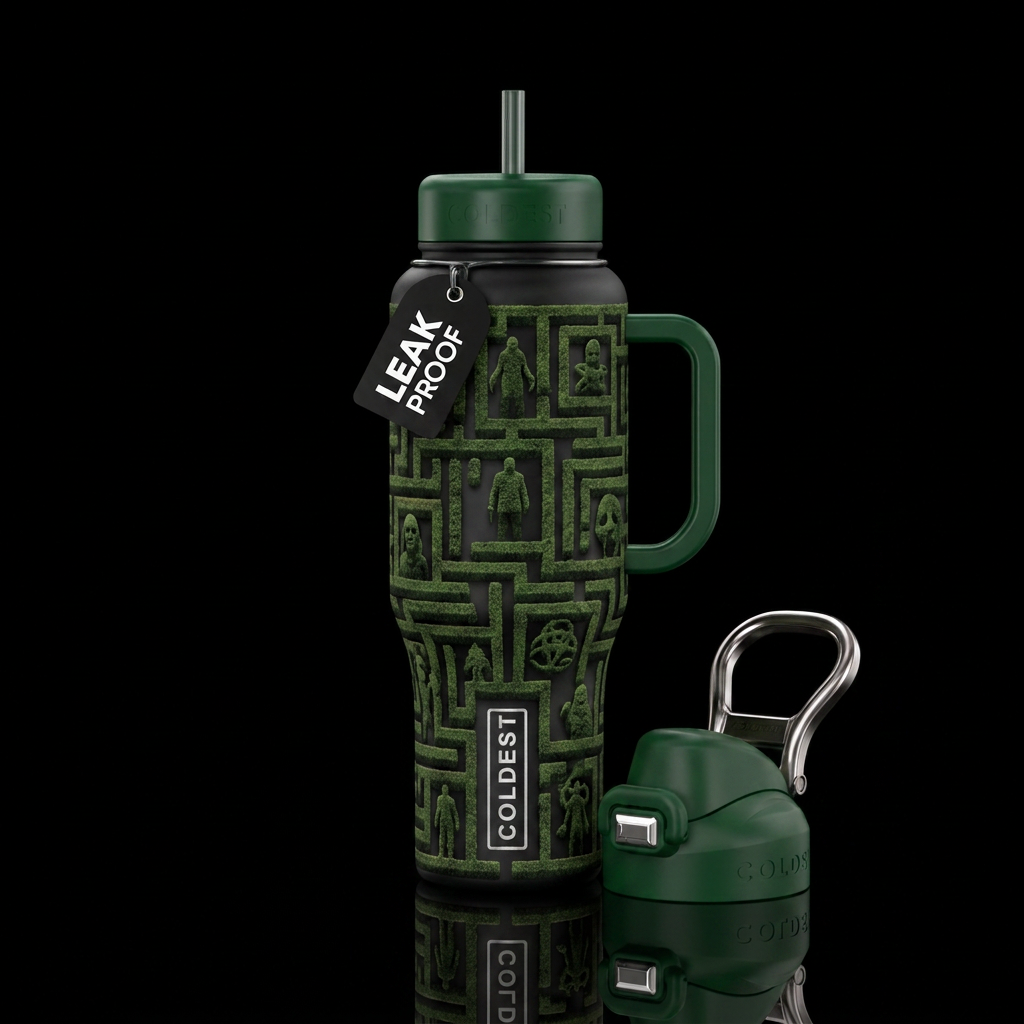 Hedge maze made with topiary shaped like character... water bottle design