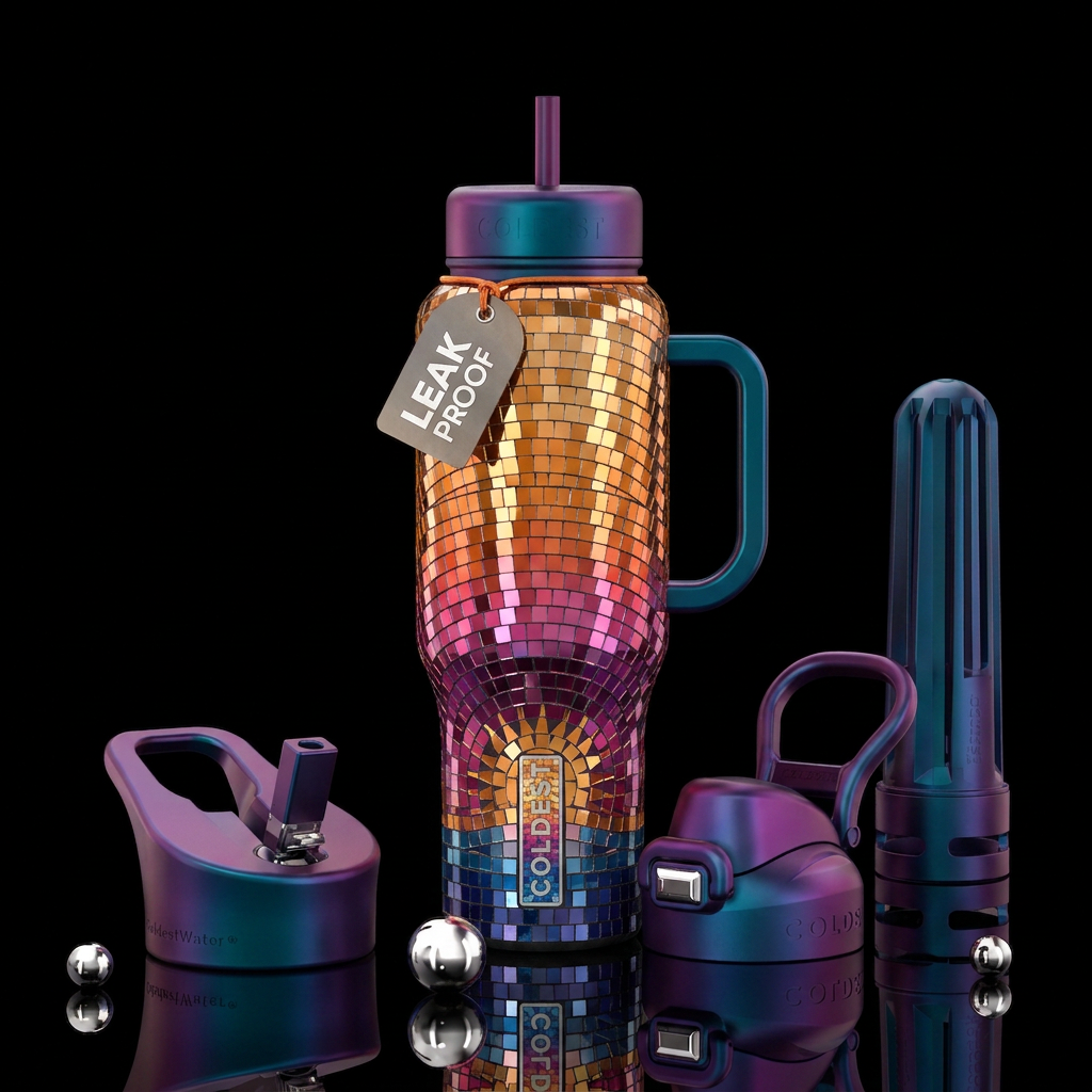 Disco ball mosaic sunset water bottle design