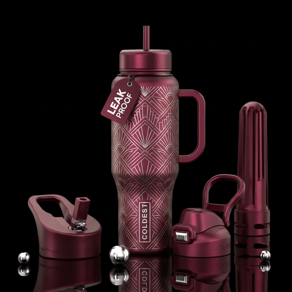 Art deco garnet and platinum etching textured water bottle design