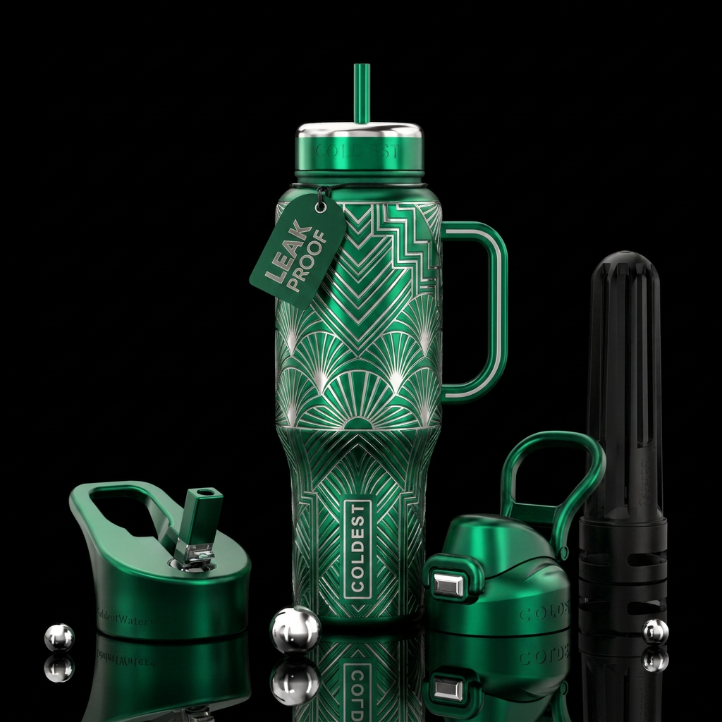 Art deco emerald and platinum etching textured water bottle design