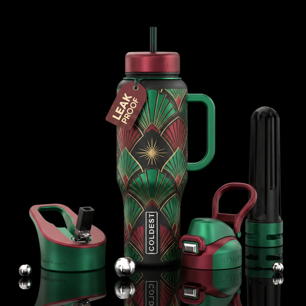 Art deco emerald and garnet etching textured water bottle design