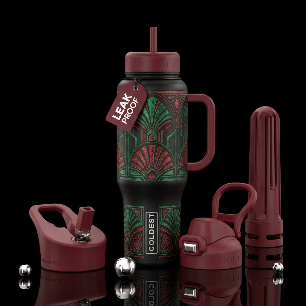 Art deco emerald and garnet etching textured ornam... water bottle design