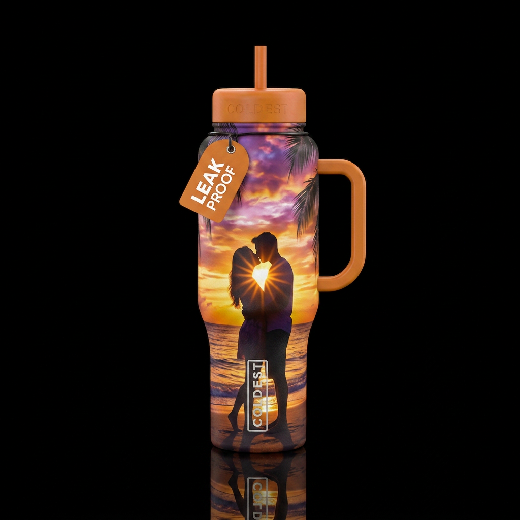 Kiss on the beach at sunset water bottle design