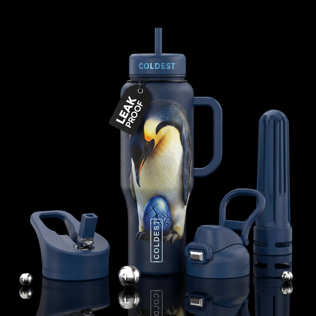Penguin warming egg on his feet water bottle design