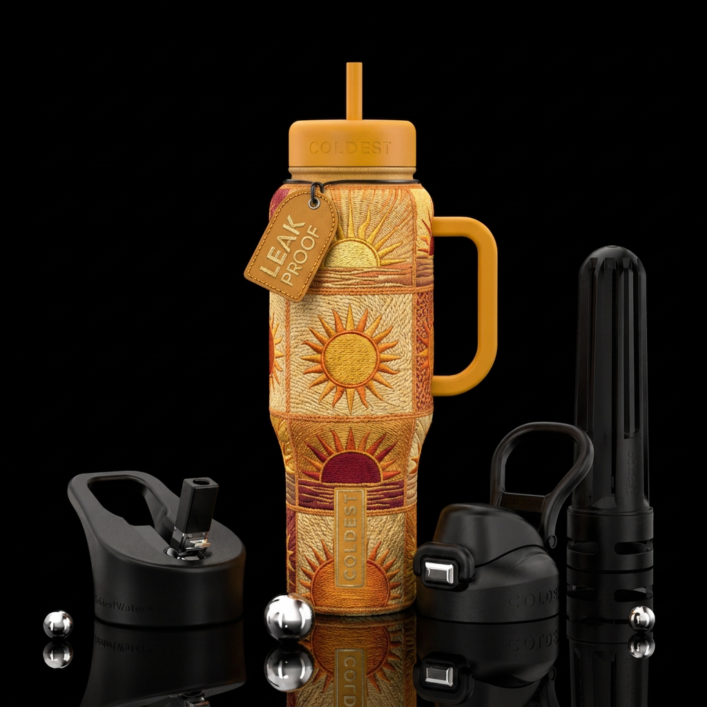 Embroidered sun at various stages in a quilt patte... water bottle design