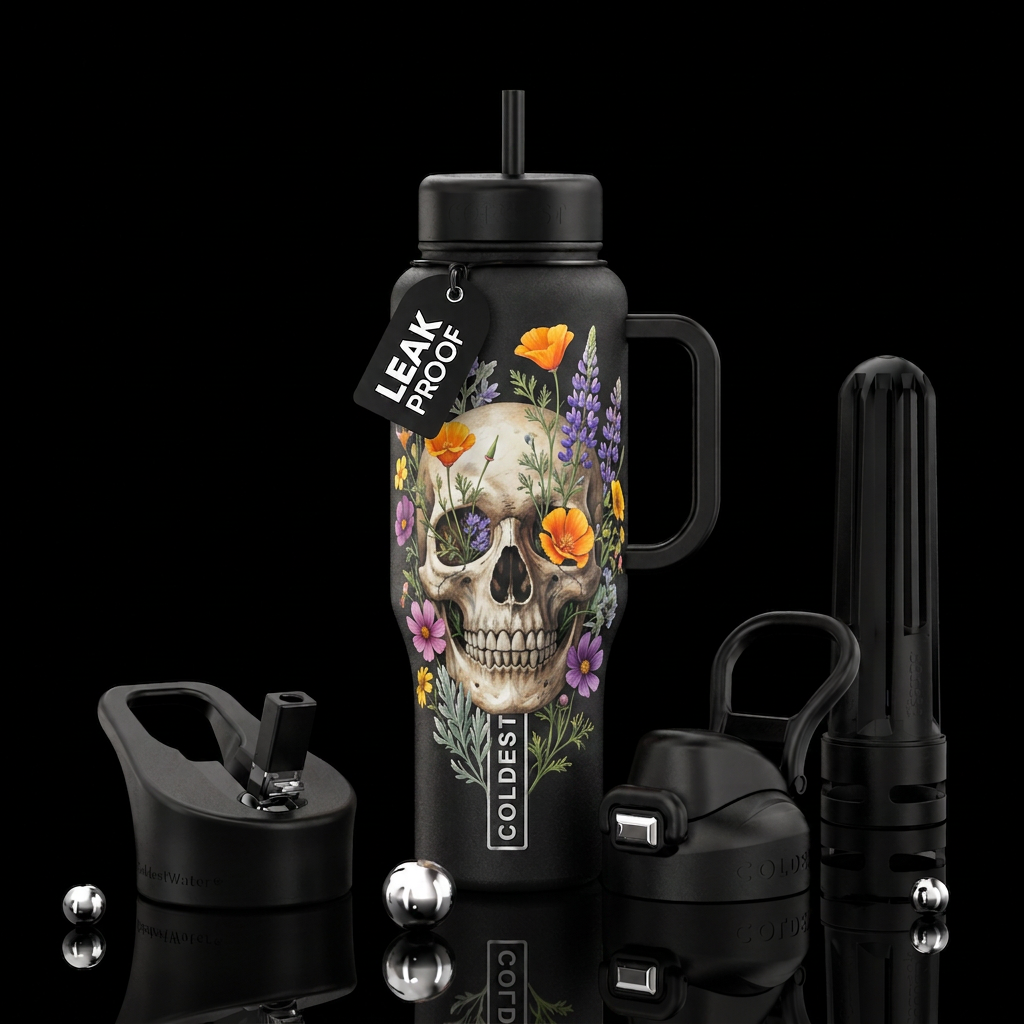 Skull with wild flowers growing out of it water bottle design