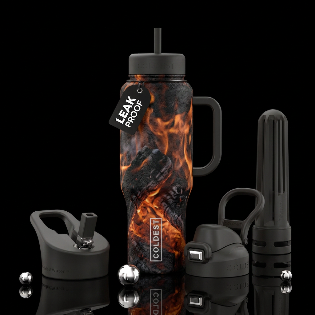 Shadows from a bonfire water bottle design
