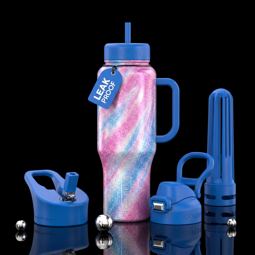 Pink white and blue shimmer water bottle design