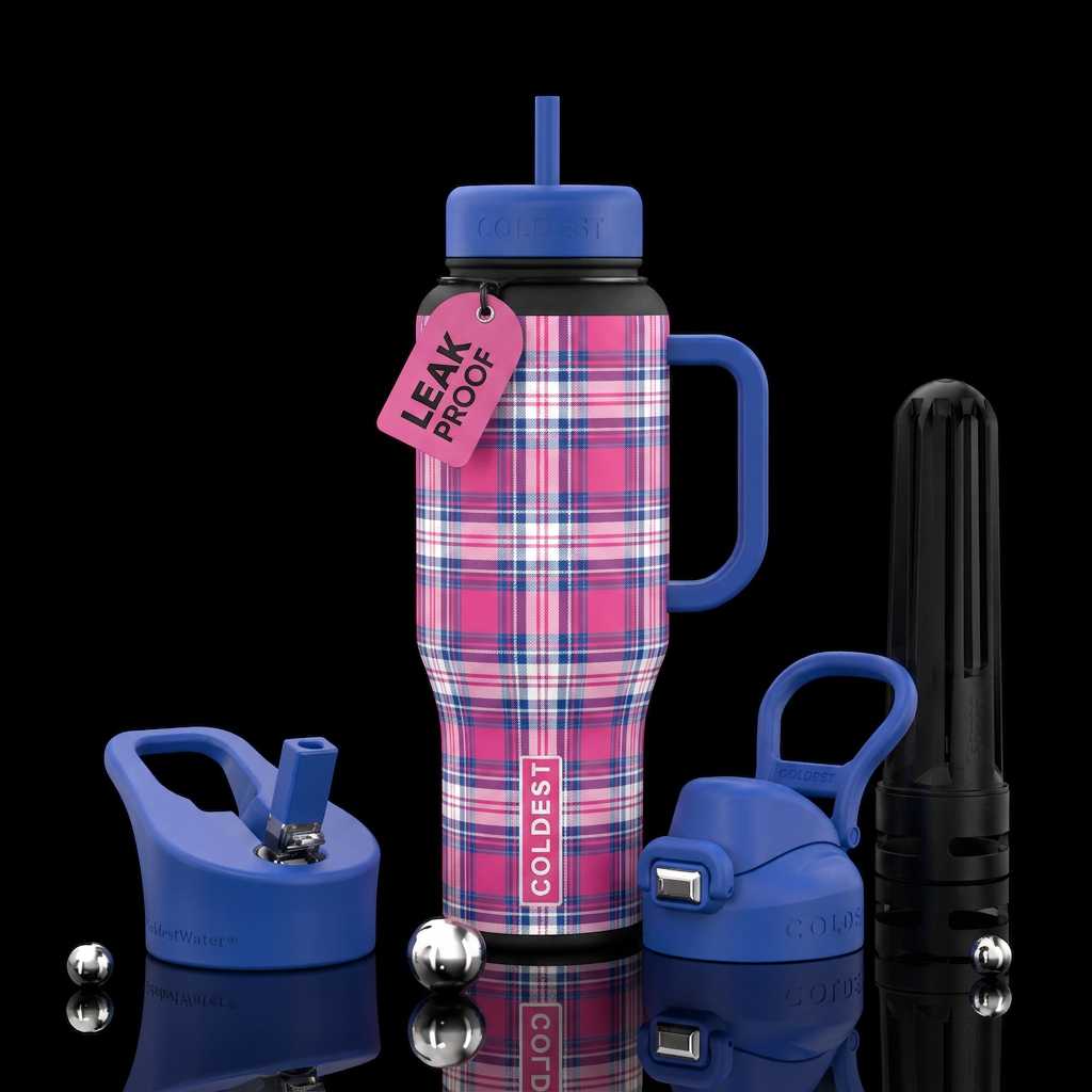 Pink white and blue madras water bottle design