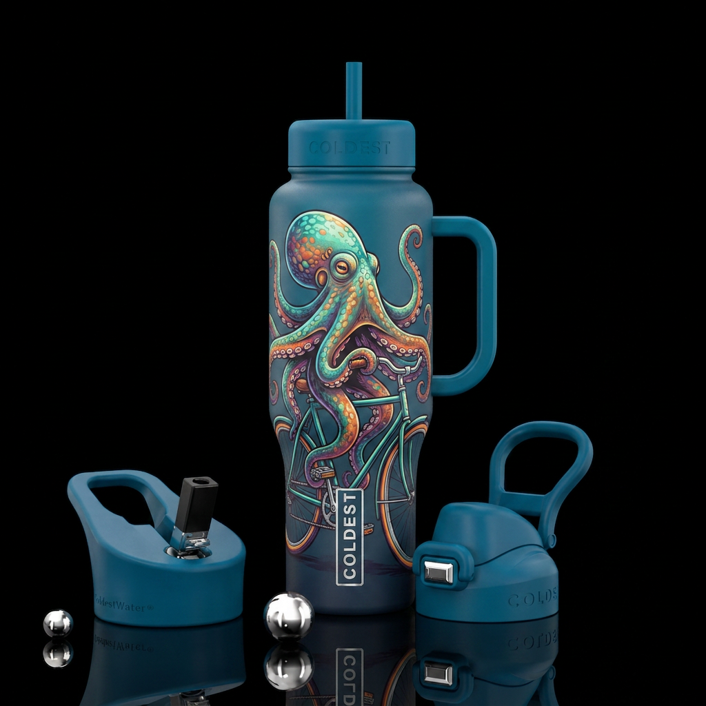 Octopus riding a bicycle water bottle design