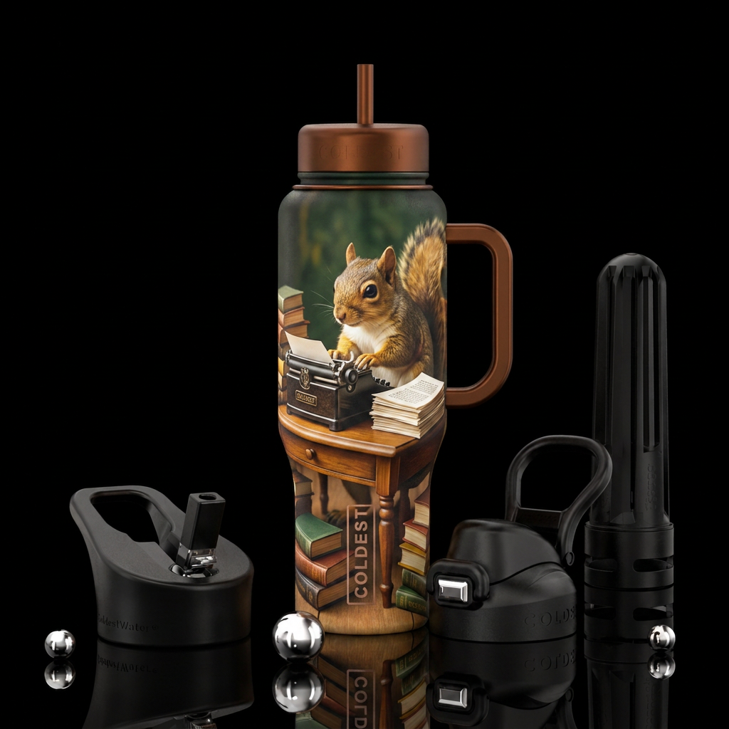 Squirrel typing a book water bottle design