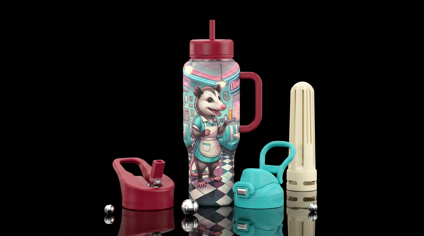 Possum working at a diner water bottle design