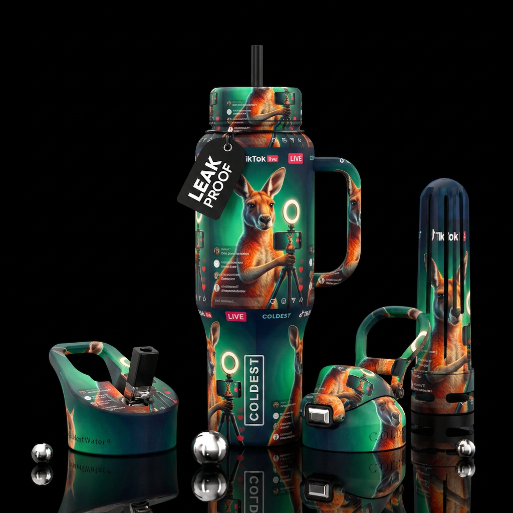 Kangaroo recording TikTok live for coldest water bottle design