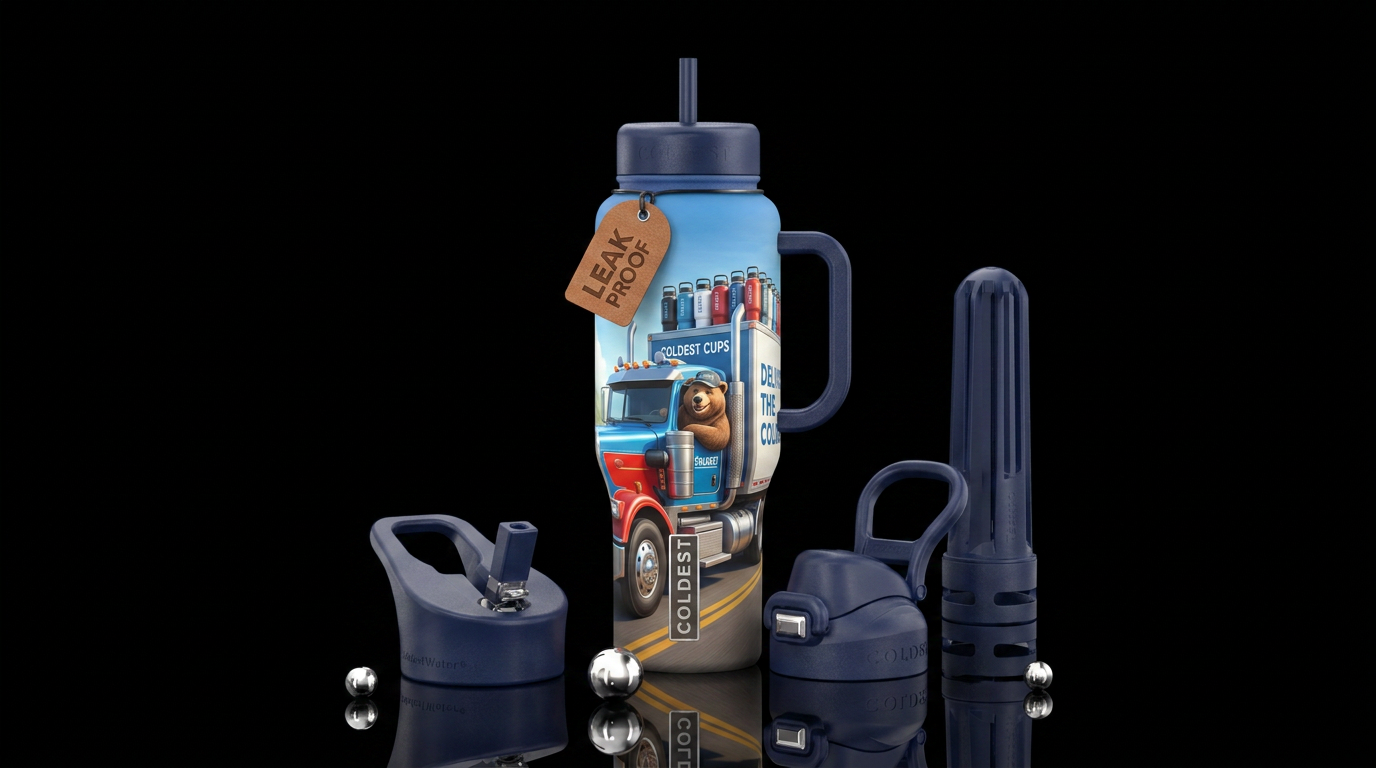 Bear driving a semi delivering coldest cups water bottle design