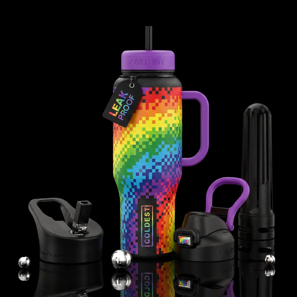 Pixelated rainbow water bottle design