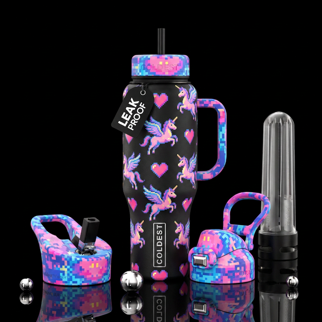 Pixelated Pegasus and hearts water bottle design