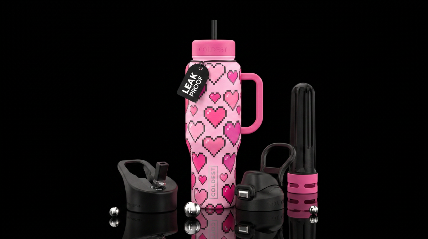 Pixelated hearts in different sizes and shades of ... water bottle design