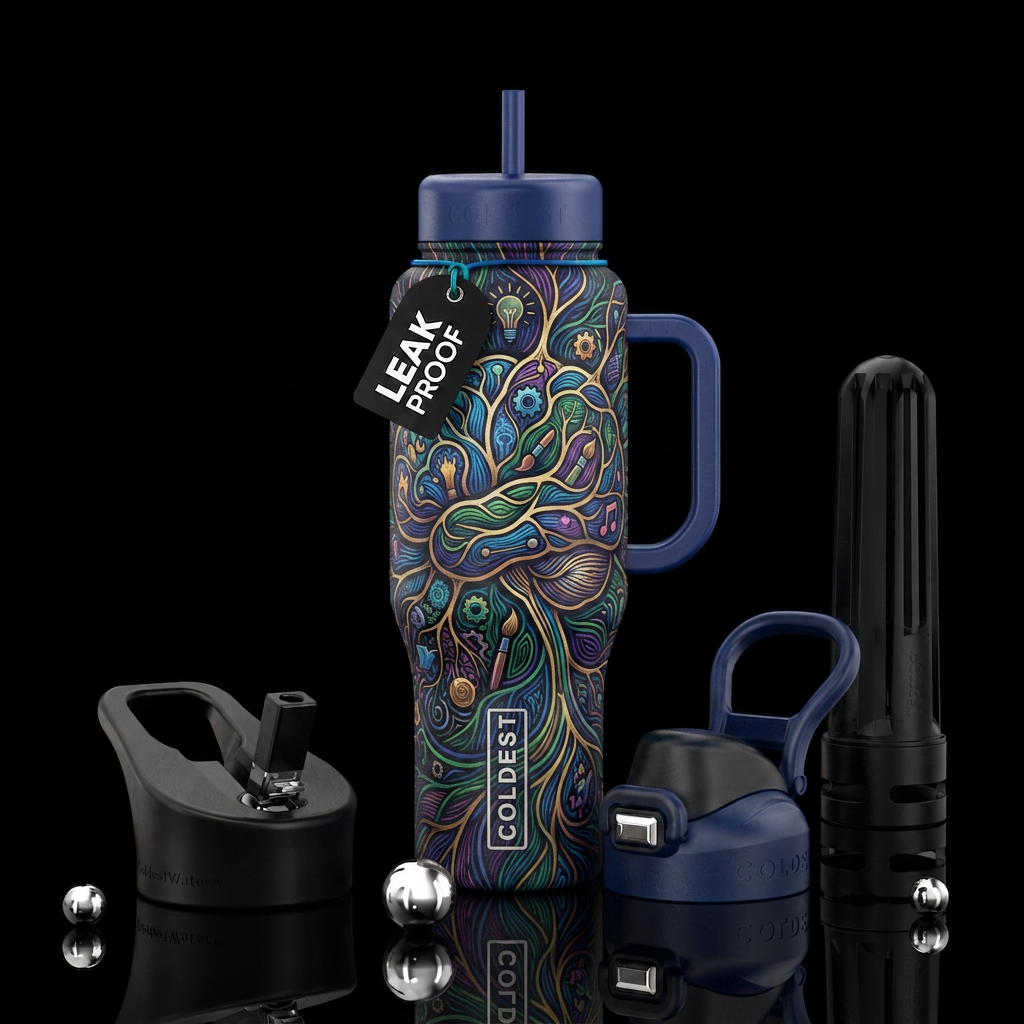 Neurographic art of a brain being creative water bottle design