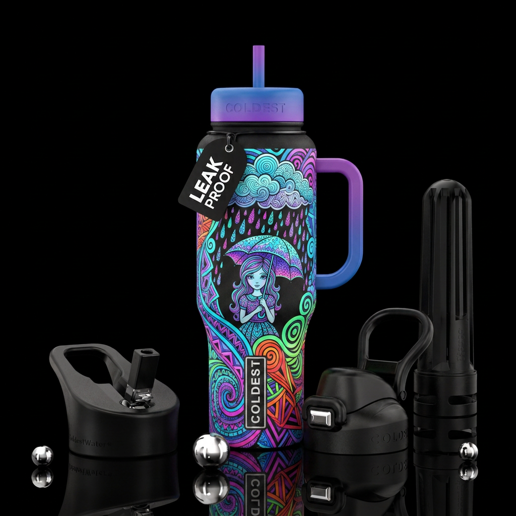 zentangle clouds raining on a girl holding an umbr... water bottle design