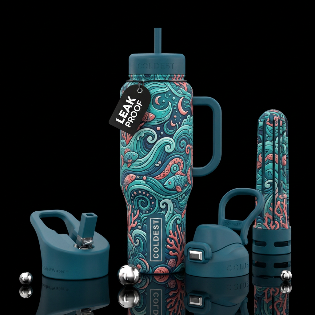 Zentangle matte textured ocean water bottle design
