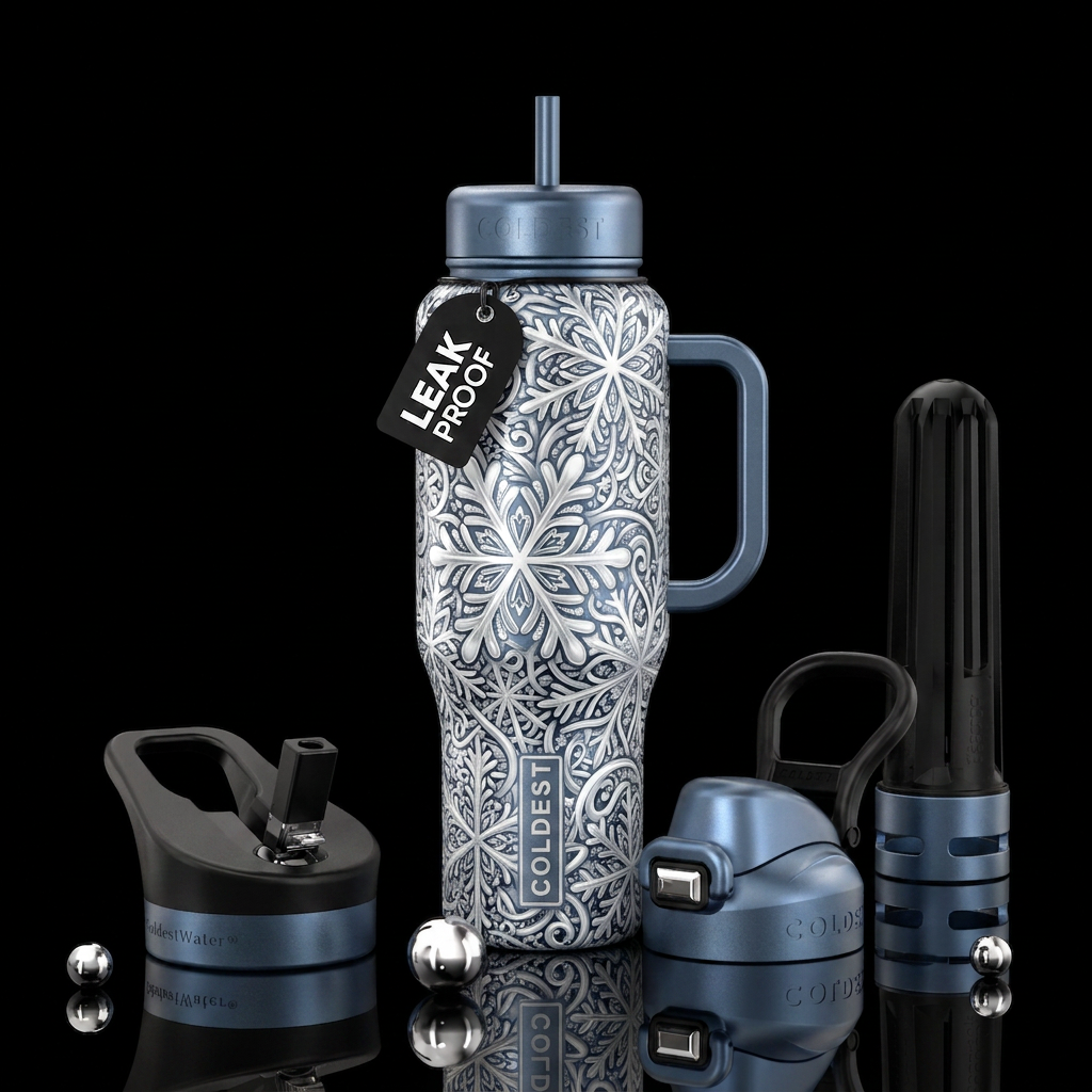 Zentangle white and silver glossy snowflakes snowf... water bottle design