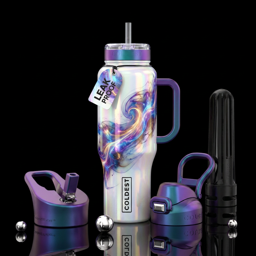 Glossy iridescent white water bottle design