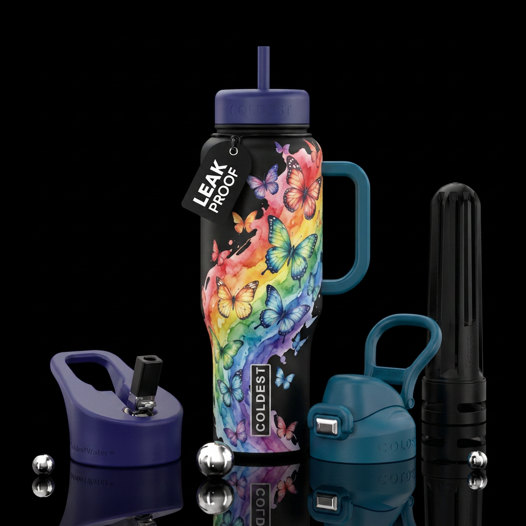 Water color rainbow with butterflies forming and f... water bottle design