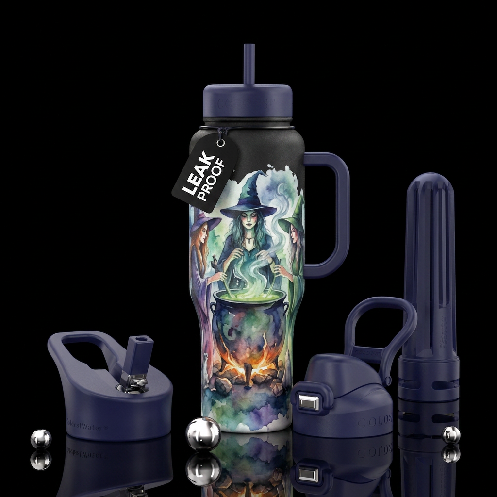 Water color witches around cauldron water bottle design