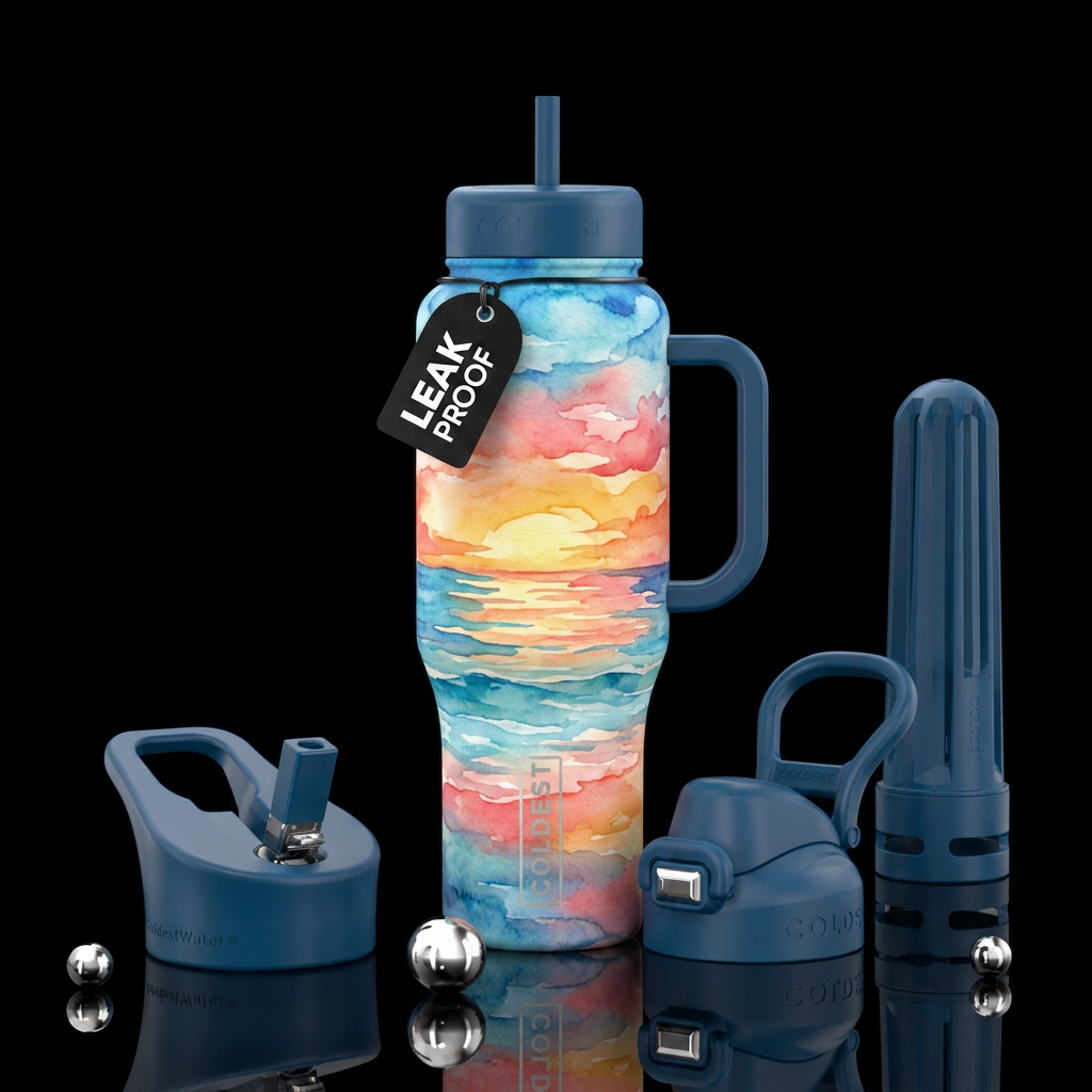 Water color ocean at sunset water bottle design