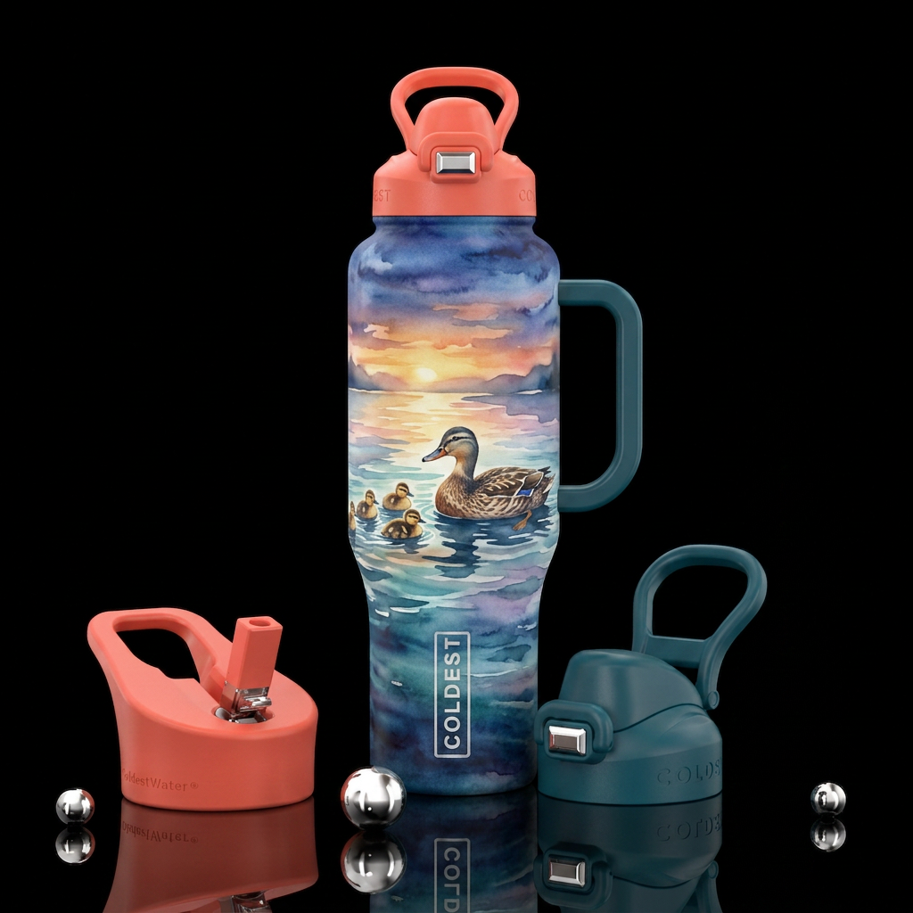Water color ocean at duck with babies water bottle design