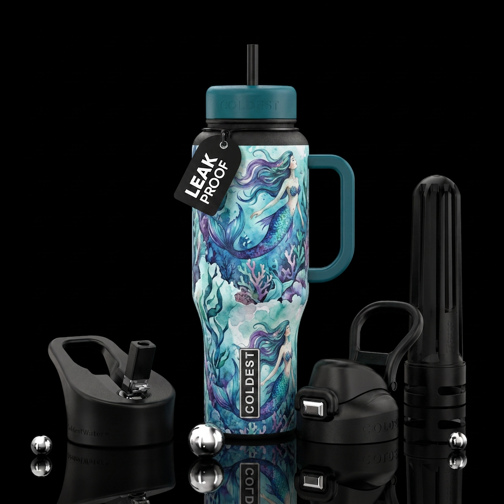 Water color mermaids swimming water bottle design