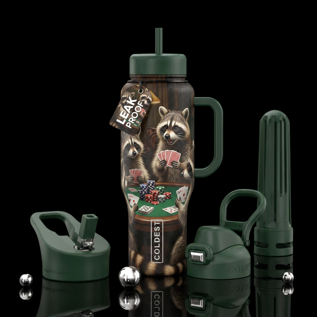Raccoons playing poker water bottle design