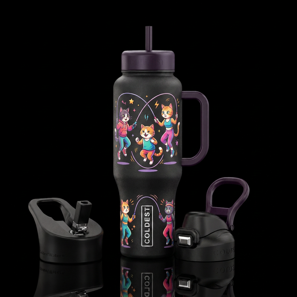 Cats doing double Dutch jump rope water bottle design