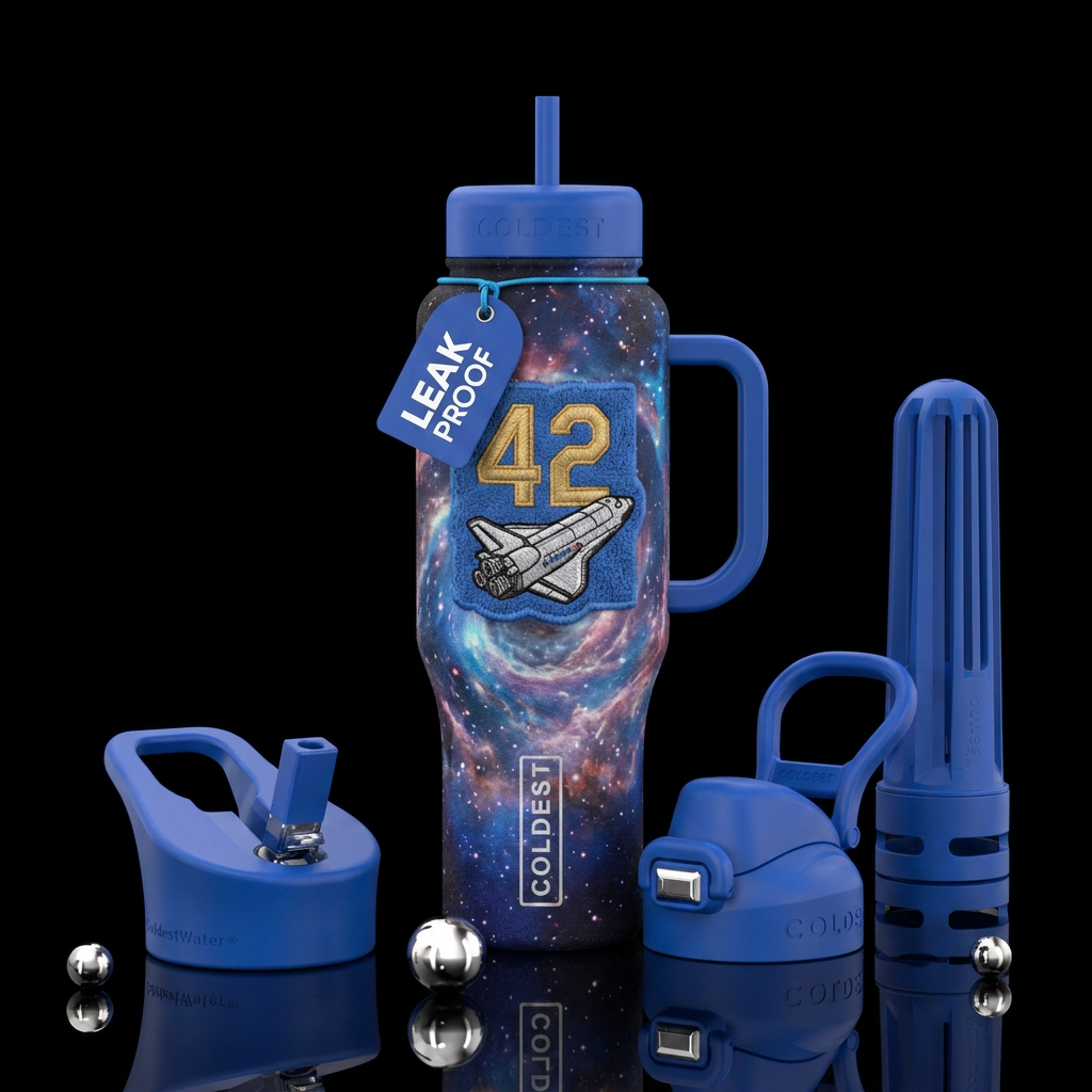 A towel embroidered with the number 42 and space a... water bottle design