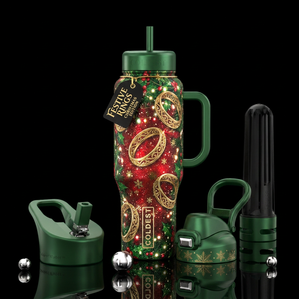 5 golden rings with a festive Christmas background... water bottle design