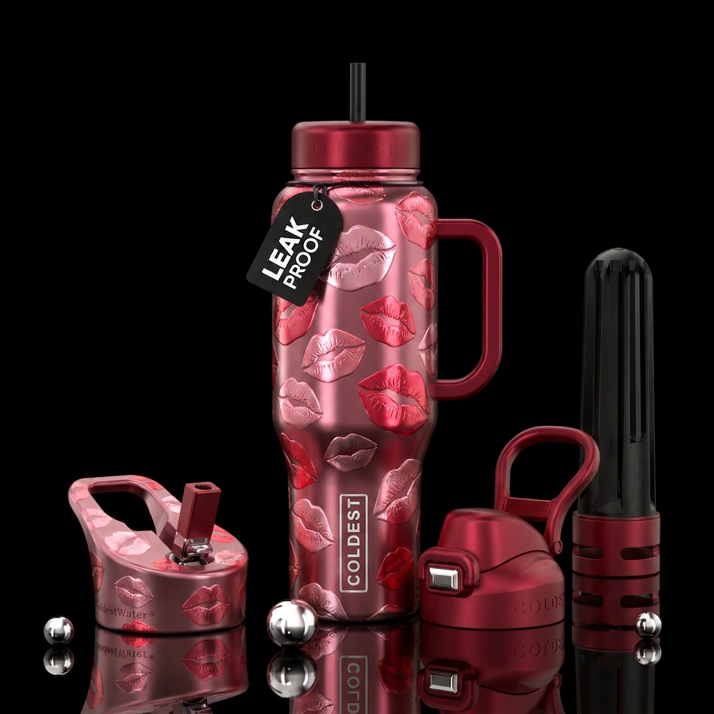 Puckered lips in shades of metalic pink and red water bottle design