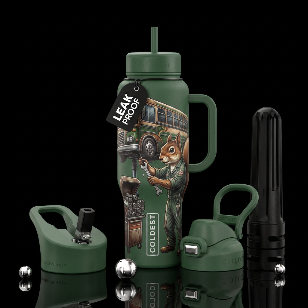 Anthropomorphic squirrel mechanic working on a bus water bottle design