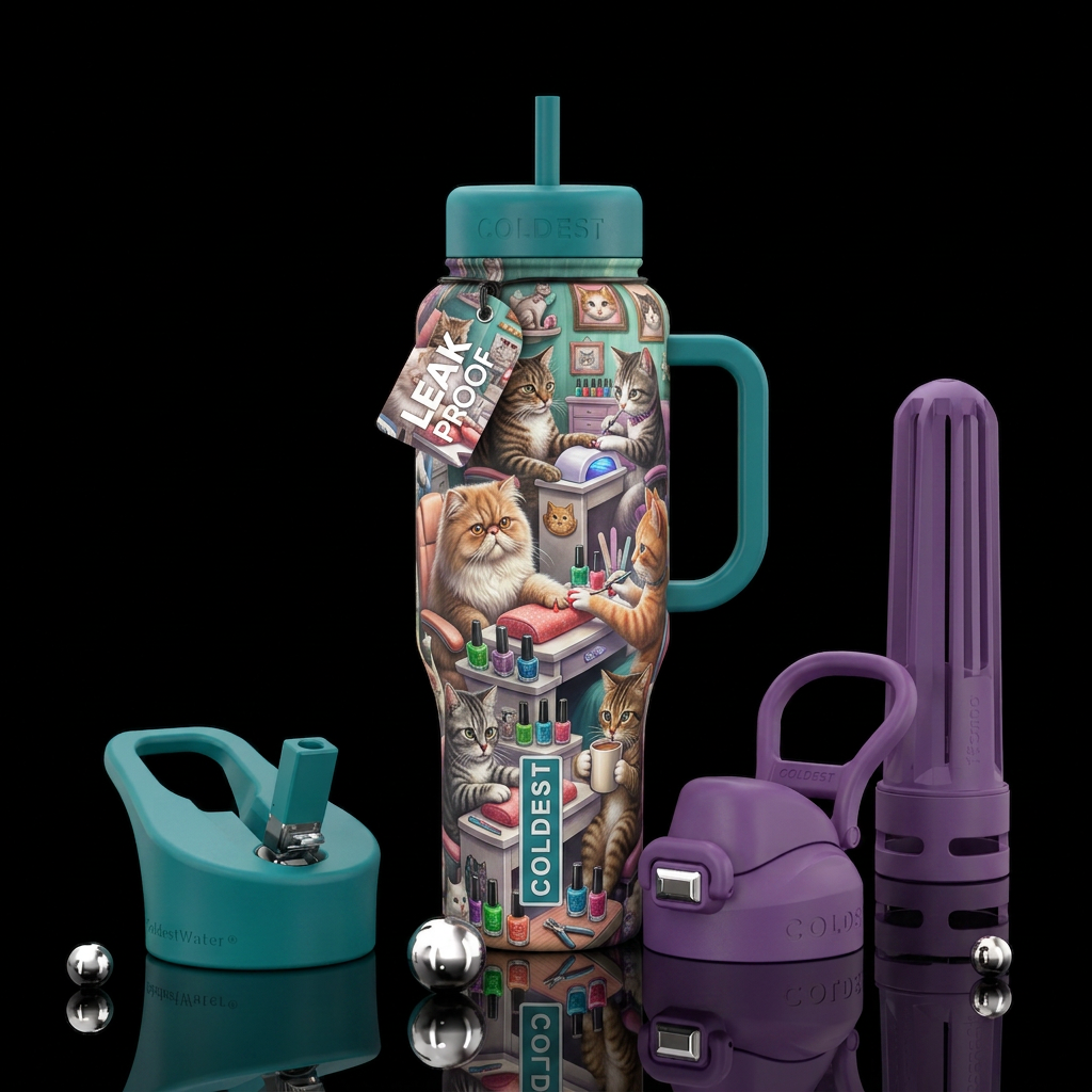 Anthropomorphic cats at a nail salon water bottle design