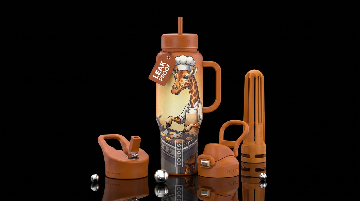 Anthropomorphic giraffe working as a short order c... water bottle design