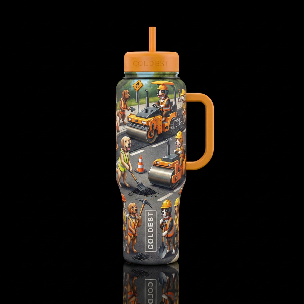 Anthropomorphic dogs doing road work water bottle design