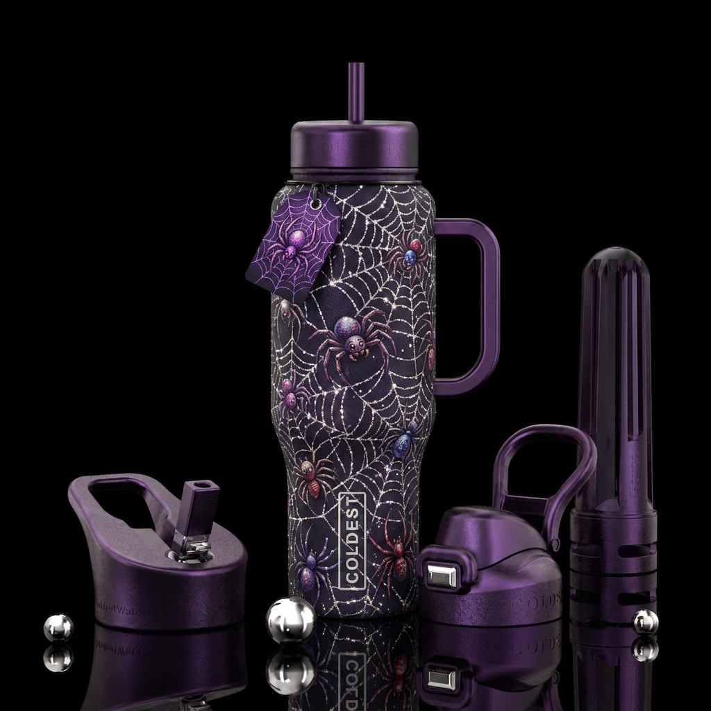 Anthropomorphic spiders creating sparkling intrica... water bottle design