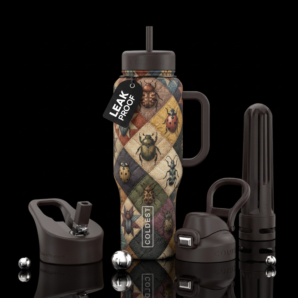 A variety of Beatles in muted tones in a quilt sty... water bottle design