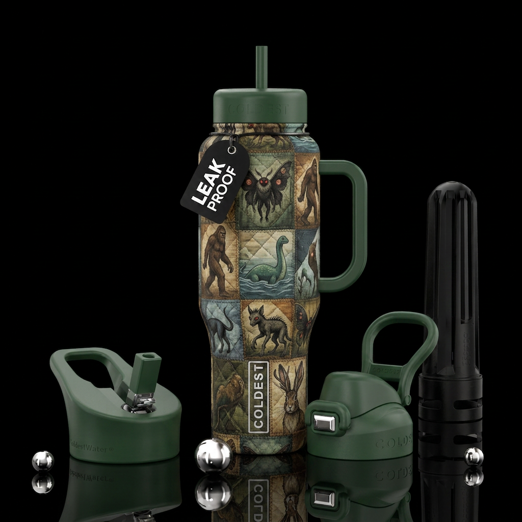Cryptids in muted tones in a quilt style pattern water bottle design