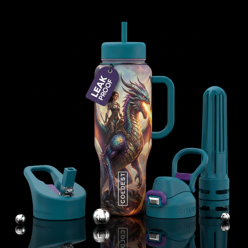 A dragon rider and her dragon water bottle design