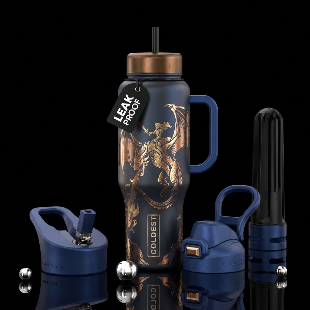 A metalic etching of a dragon rider and her dragon water bottle design